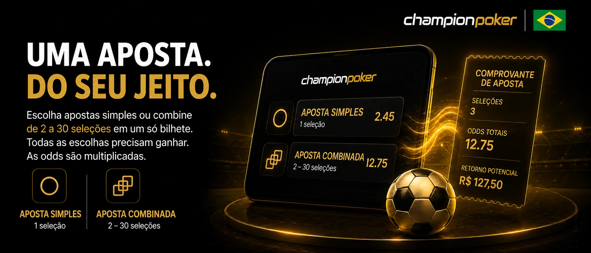 Monte apostas simples e múltiplas no Champion Poker para o Brasil