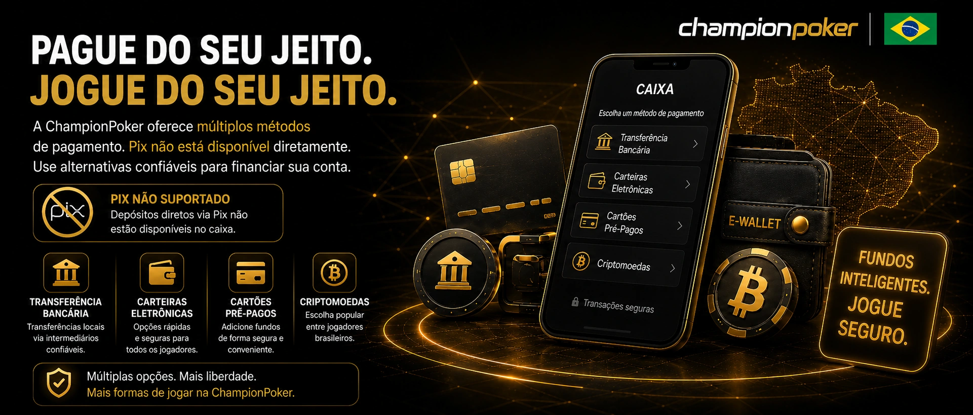 Opções de pagamento do Champion Poker para depósitos e carteiras no Brasil