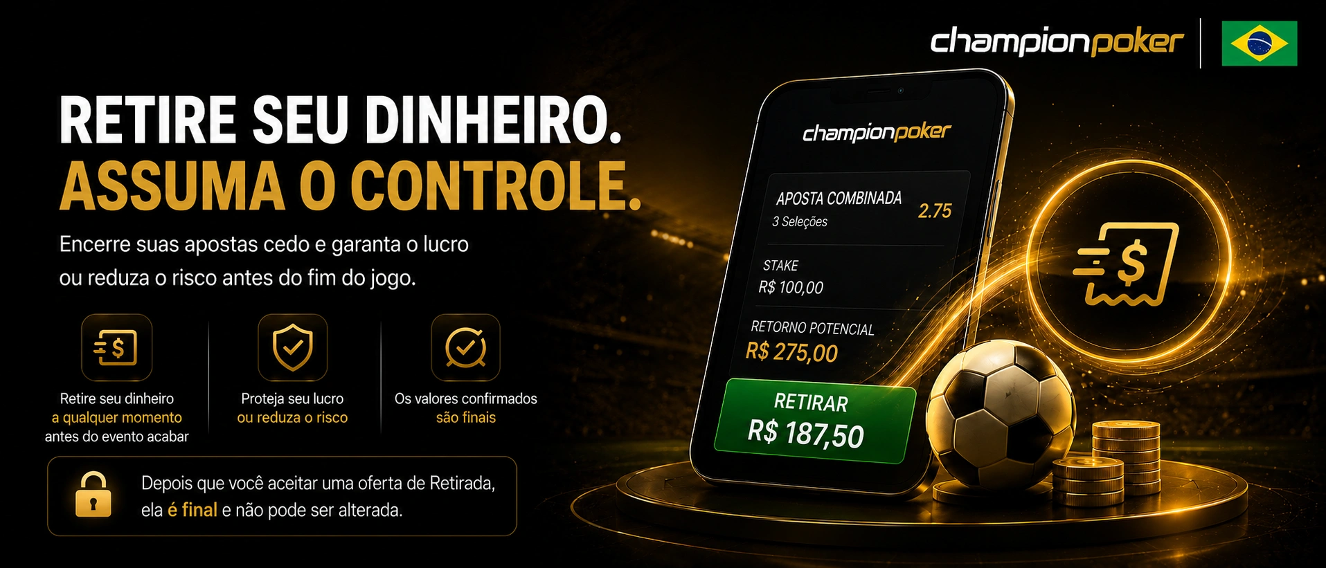 Controle ganhos e riscos com o Cash Out do Champion Poker no Brasil